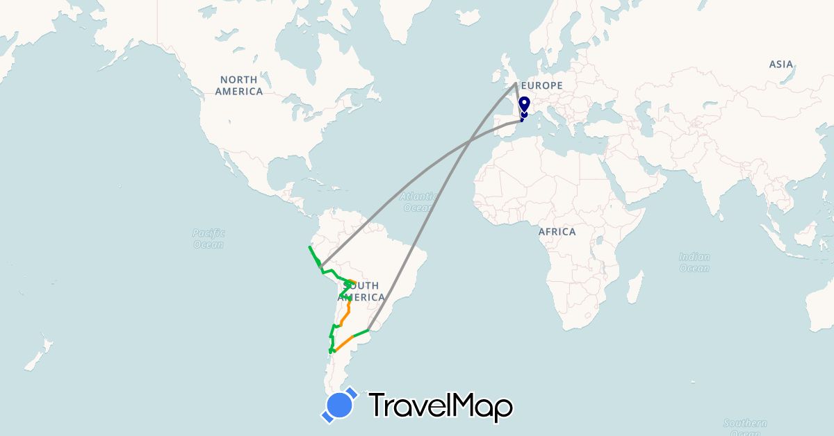 TravelMap itinerary: driving, bus, plane, boat, hitchhiking in Argentina, Bolivia, Chile, Spain, France, United Kingdom, Peru (Europe, South America)